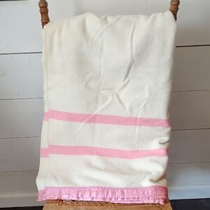 Vintage Butter Yellow Pink Blanket W/Satin Binding. 100% Virgin Wool.